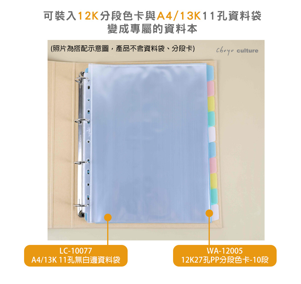 可裝入12K分段色卡與A4/13K11孔資料袋變成專屬的資料本(照片為搭配示意圖,產品不含資料袋、分段卡)cultureLC-10077A4/13K 11孔無白邊資料袋WA-1200512K27孔PP分段色卡-10段
